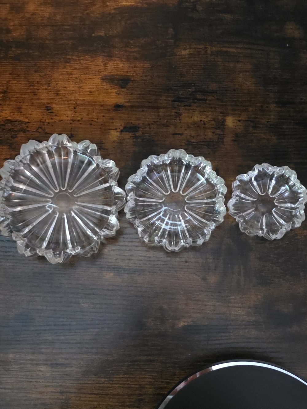 3 Hazel Atlas Fluted Nesting Clear Pressed Glass Ashtray Set Daisy Fluted 1940's